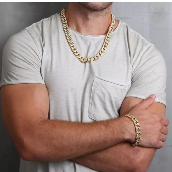 BRAND NEW 14K MENS MIAMI CUBAN CHAIN BRACELET SET - Picture 1 of 4